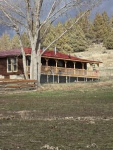 A wooden cabin with a red metal roof and covered porch sits at the base of a tree-covered hillside, surrounded by bare trees and a dry grassy field.