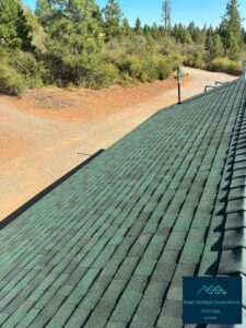 Aerial view along a newly installed green architectural asphalt shingle roof with a black plumbing vent pipe, overlooking a gravel driveway and pine trees, branded with Wright's Roofing & Construction Inc contact info.